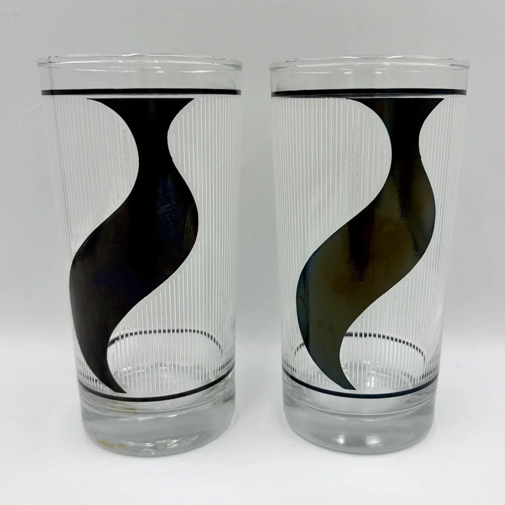 Set Of 2 Vtg 1989 Anchor Hocking Glasses Black White Retro Highball Bar Abstract